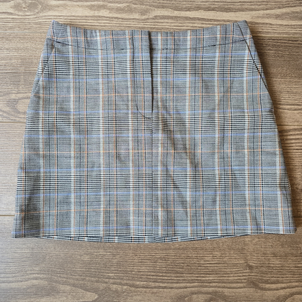 THEORY Mini Skirt Womens 6 Gray Plaid Check Wool Blend Preppy Academia Classic